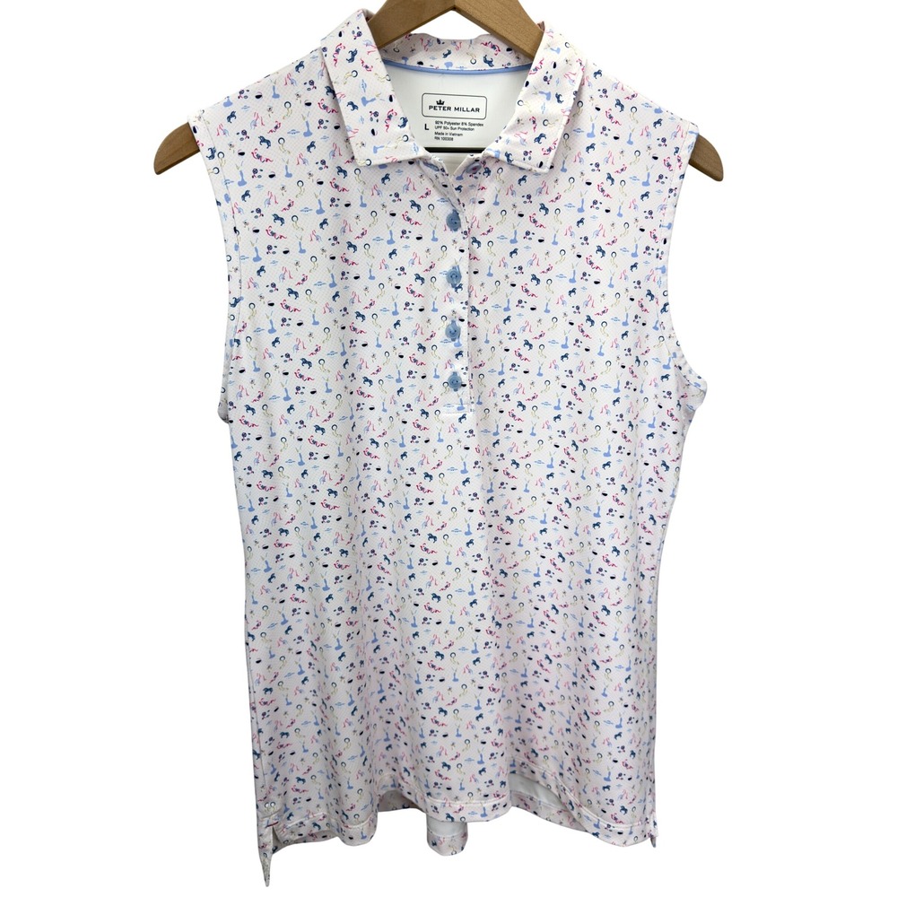 Peter Millar Womens Deco Vogue Print Sleeveless Golf Polo Womens Size L White